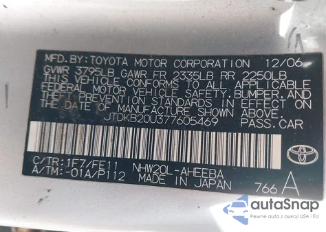 2007 Toyota Prius z USA, uszkodzony, nr VIN JTDKB20U377605469